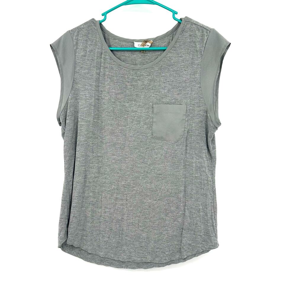 Calvin Klein Size Medium Shirt Gray Cut Off Sleeves Tank Pocket Tee Crew Neck